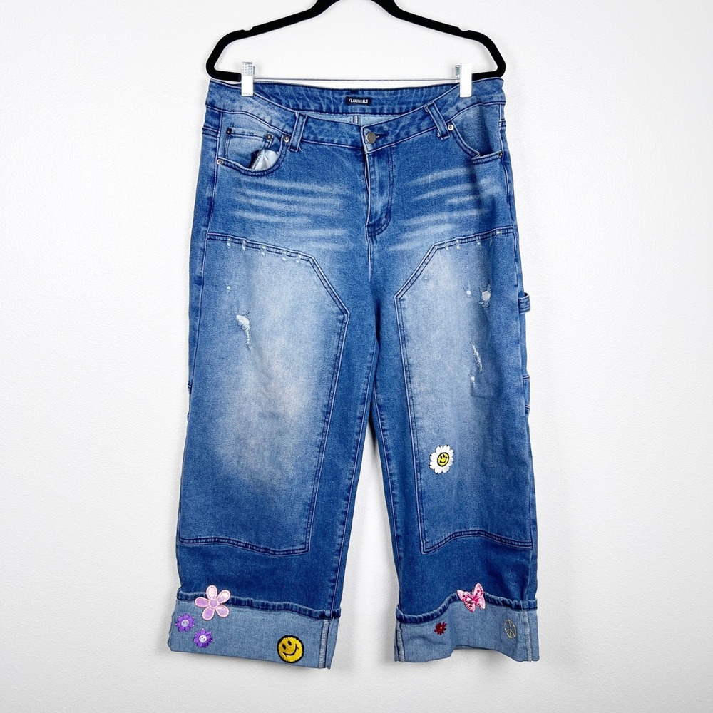 Flamingals Women's Wide Leg Patch Jeans Blue